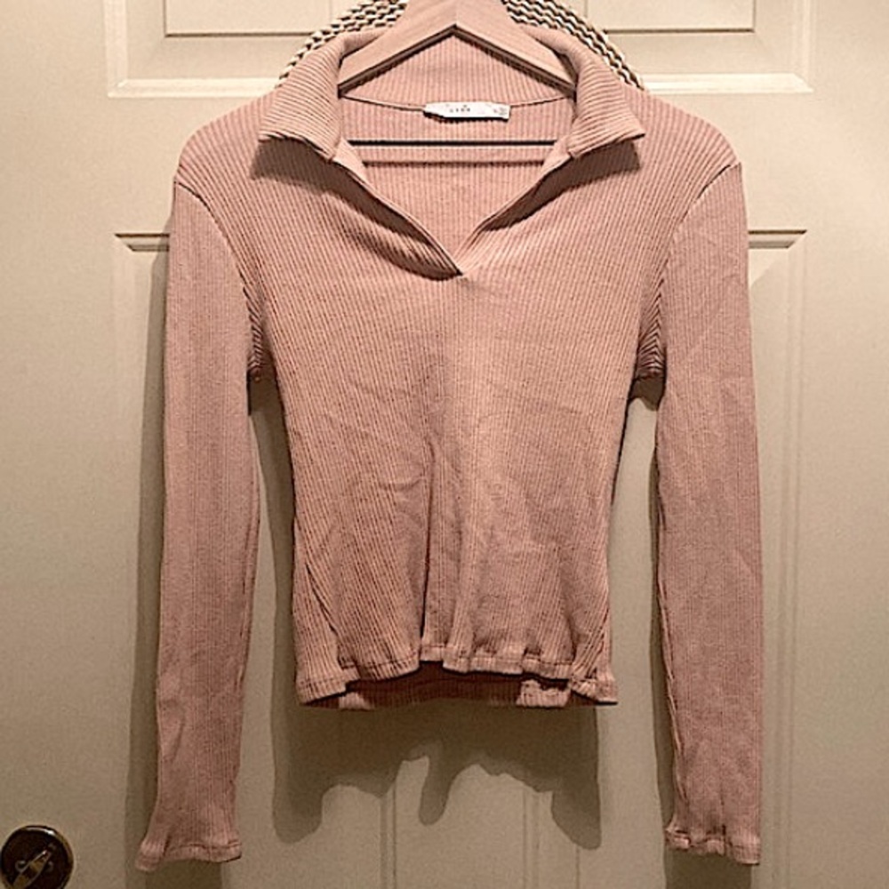 NWOT Dry Goods Lush Fitted Ribbed Polo Collar Top Long Sleeve Nude Beige Size M
